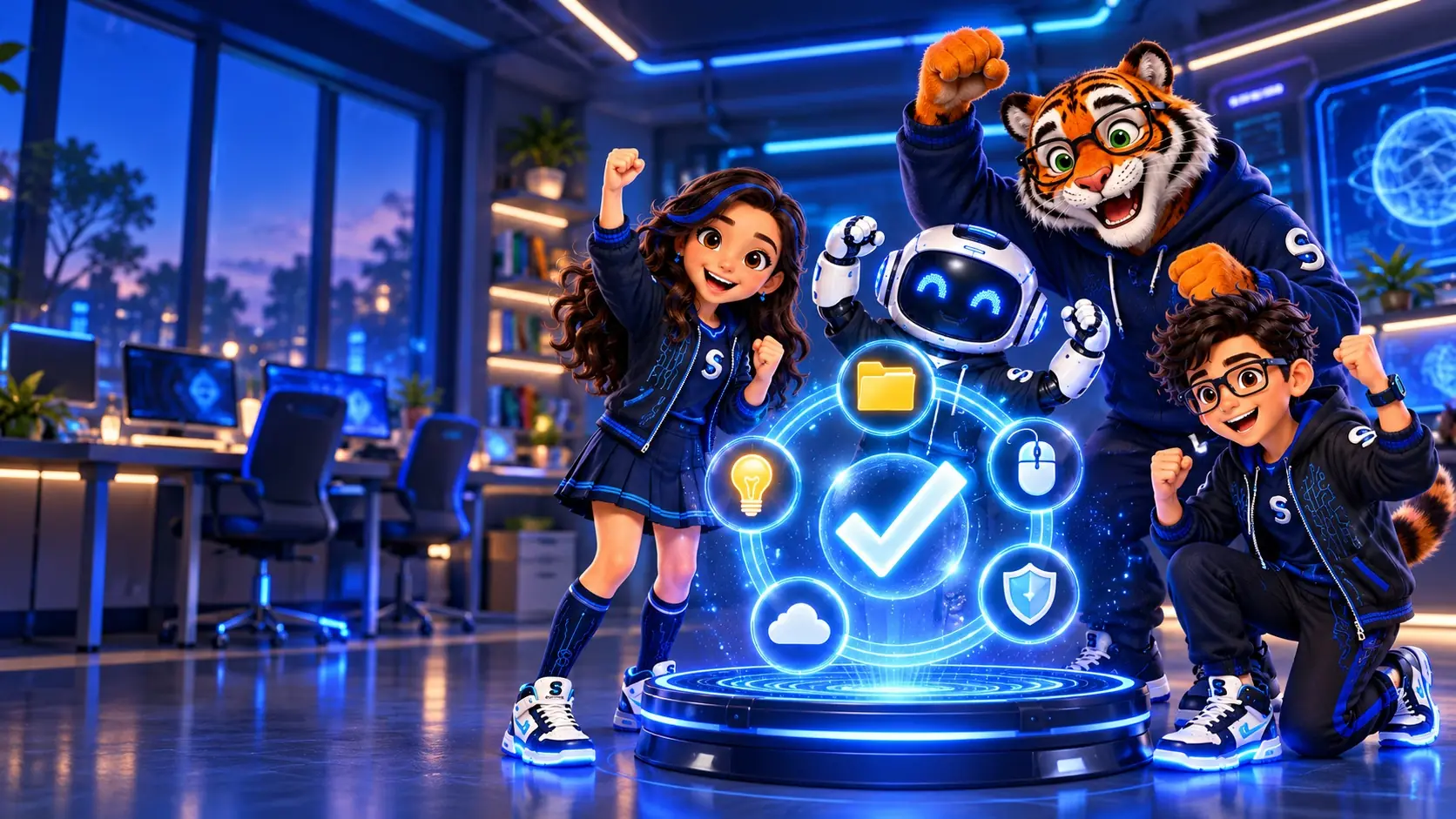 Luna, Professor Byte, Hall e Rody comemorando em volta de um holograma com ícones de computador