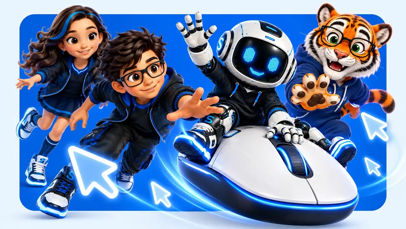 Luna, Rody, Professor Byte e Hall navegando com um mouse gigante