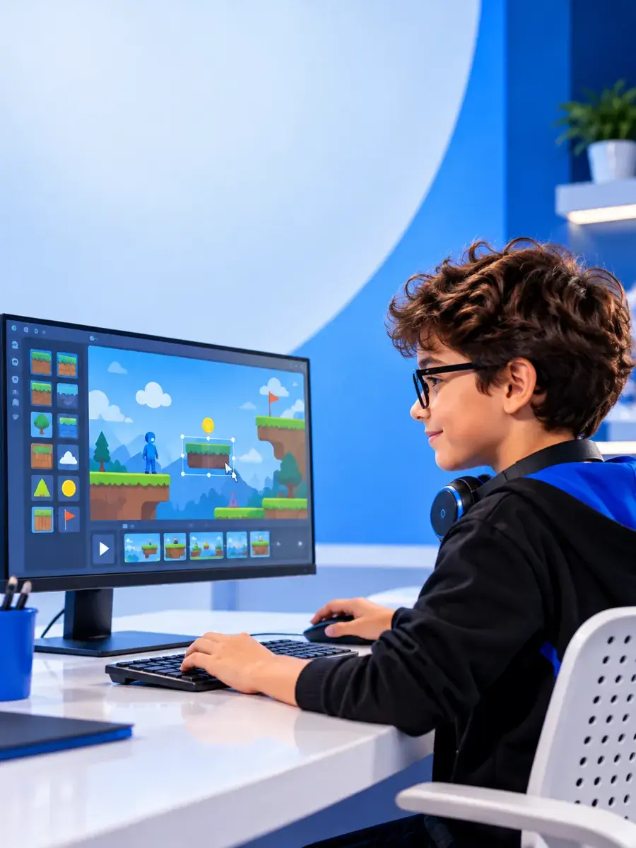 Aluno criando um jogo de plataforma no computador