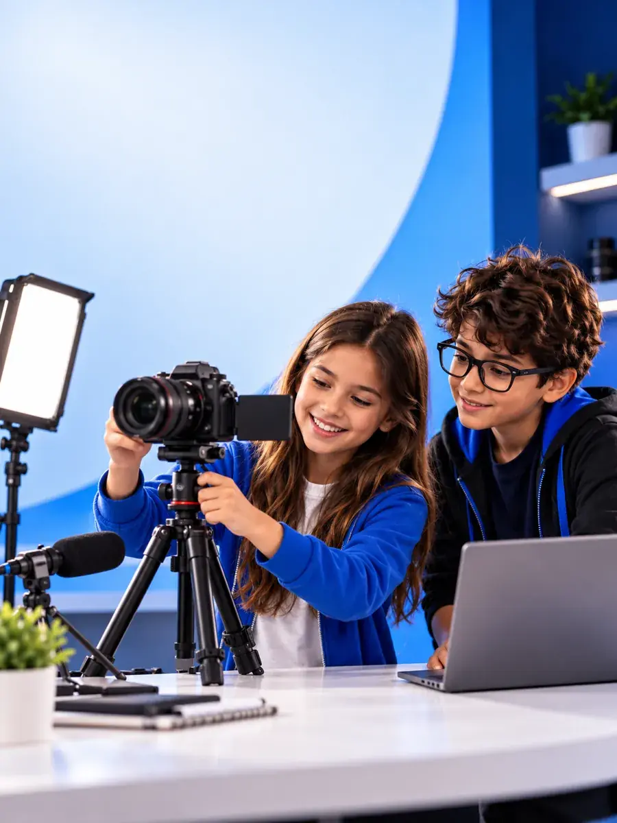 Alunos gravando um vídeo com câmera e notebook