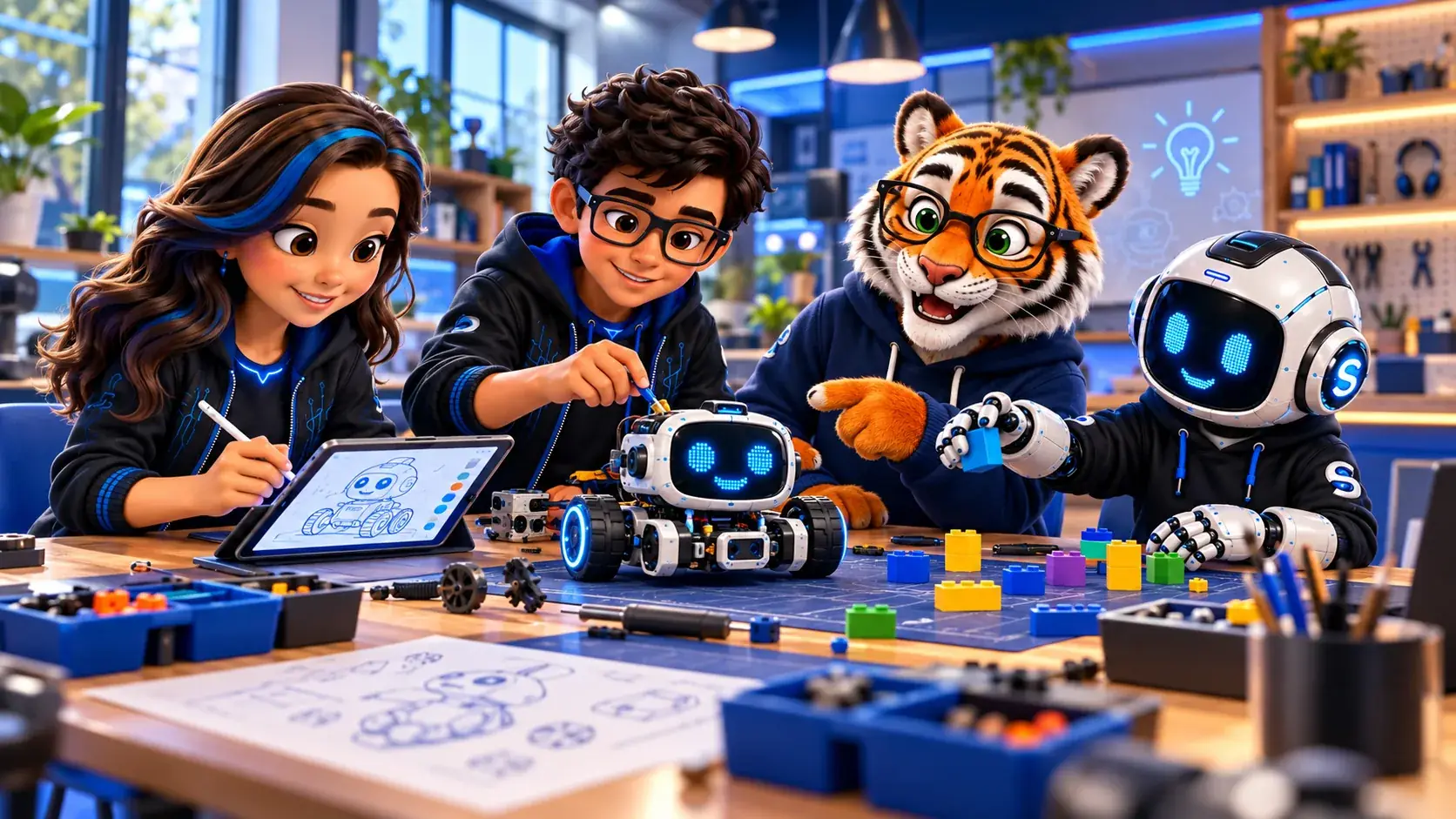 Luna, Rody, Hall e Professor Byte montando um robô