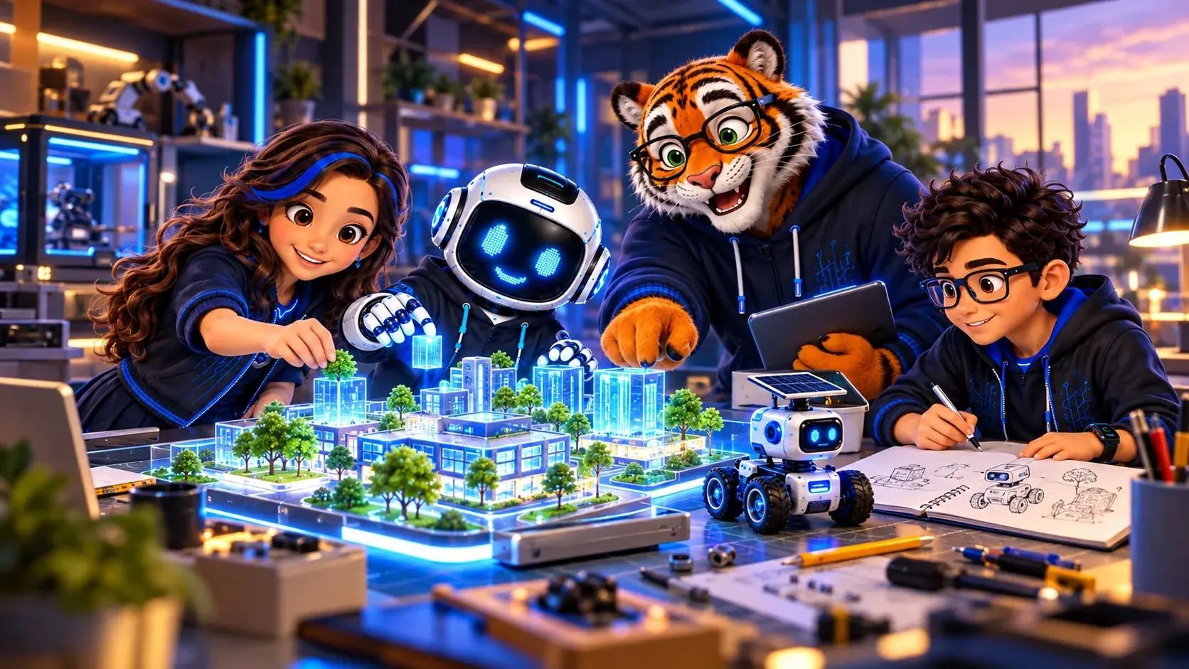 Personagens construindo a maquete de uma cidade com um robô