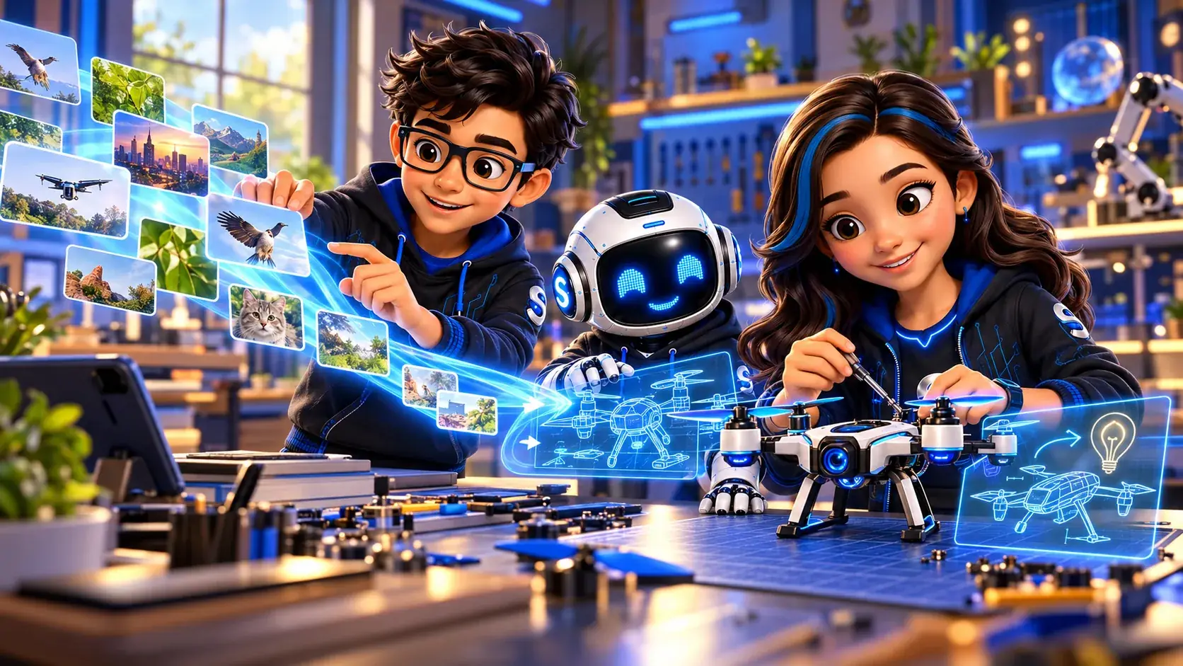 Rody e Luna construindo um drone