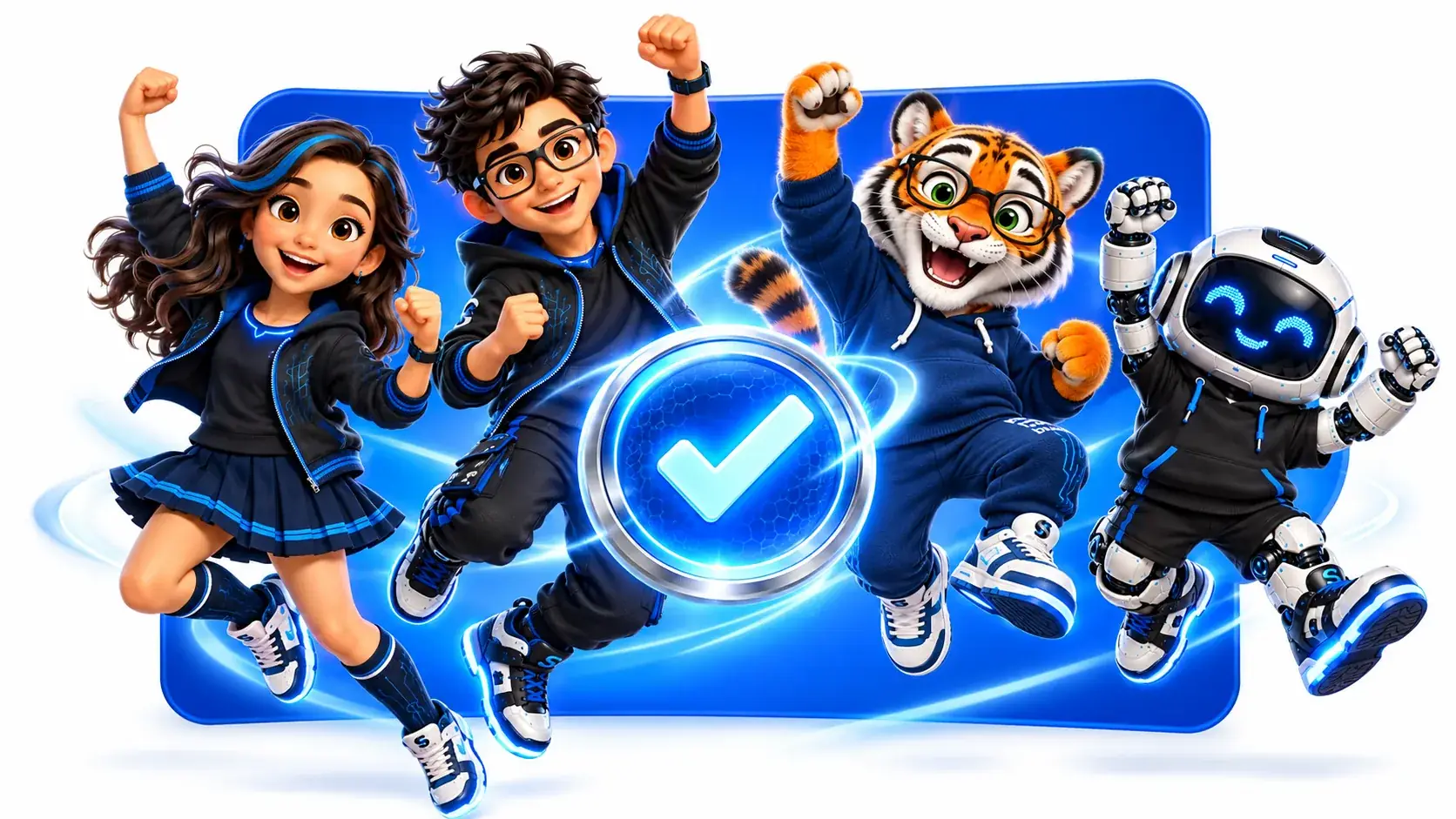 Luna, Rody, Hall e Professor Byte comemorando