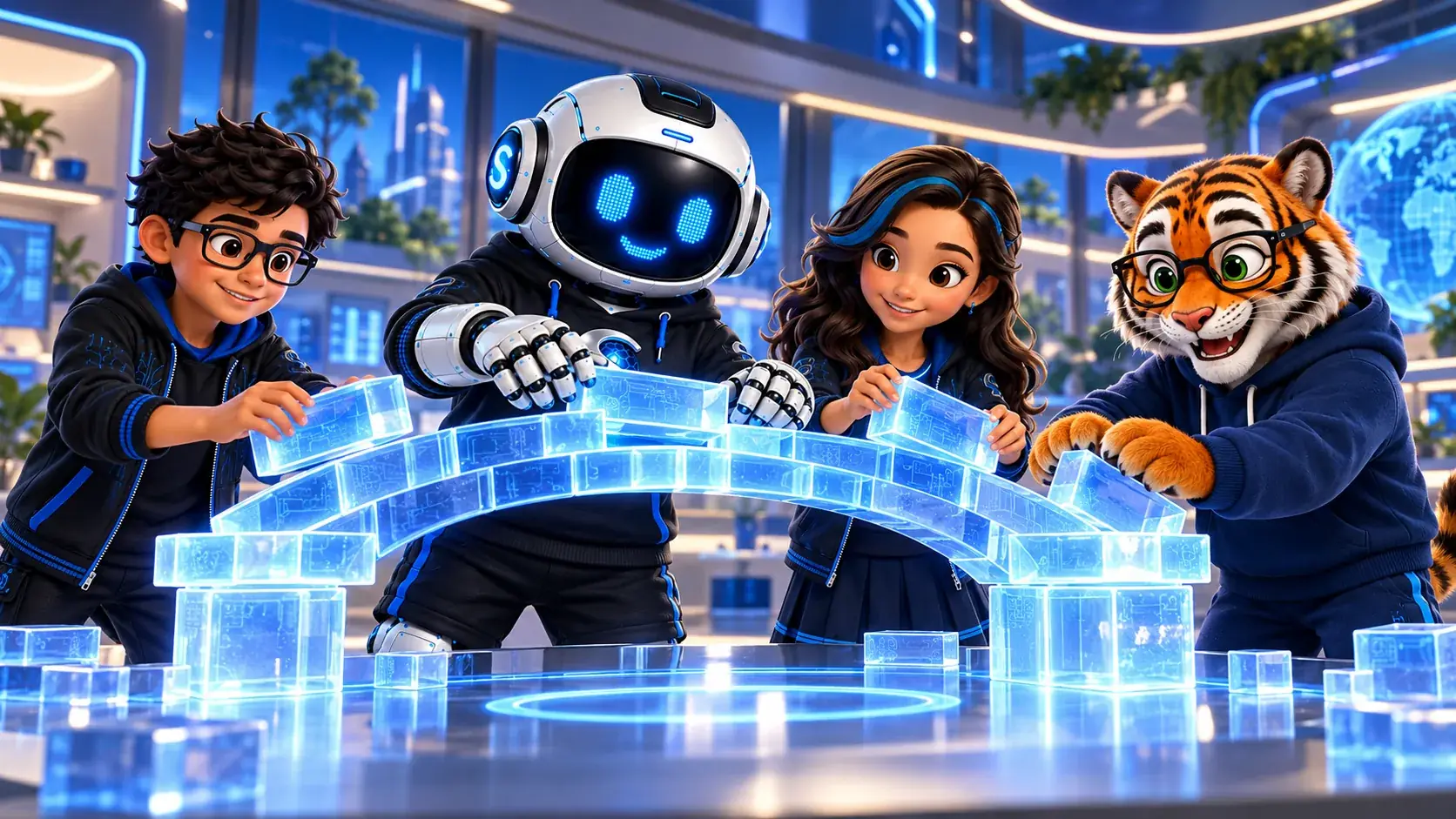Personagens montando juntos uma ponte de blocos holográficos