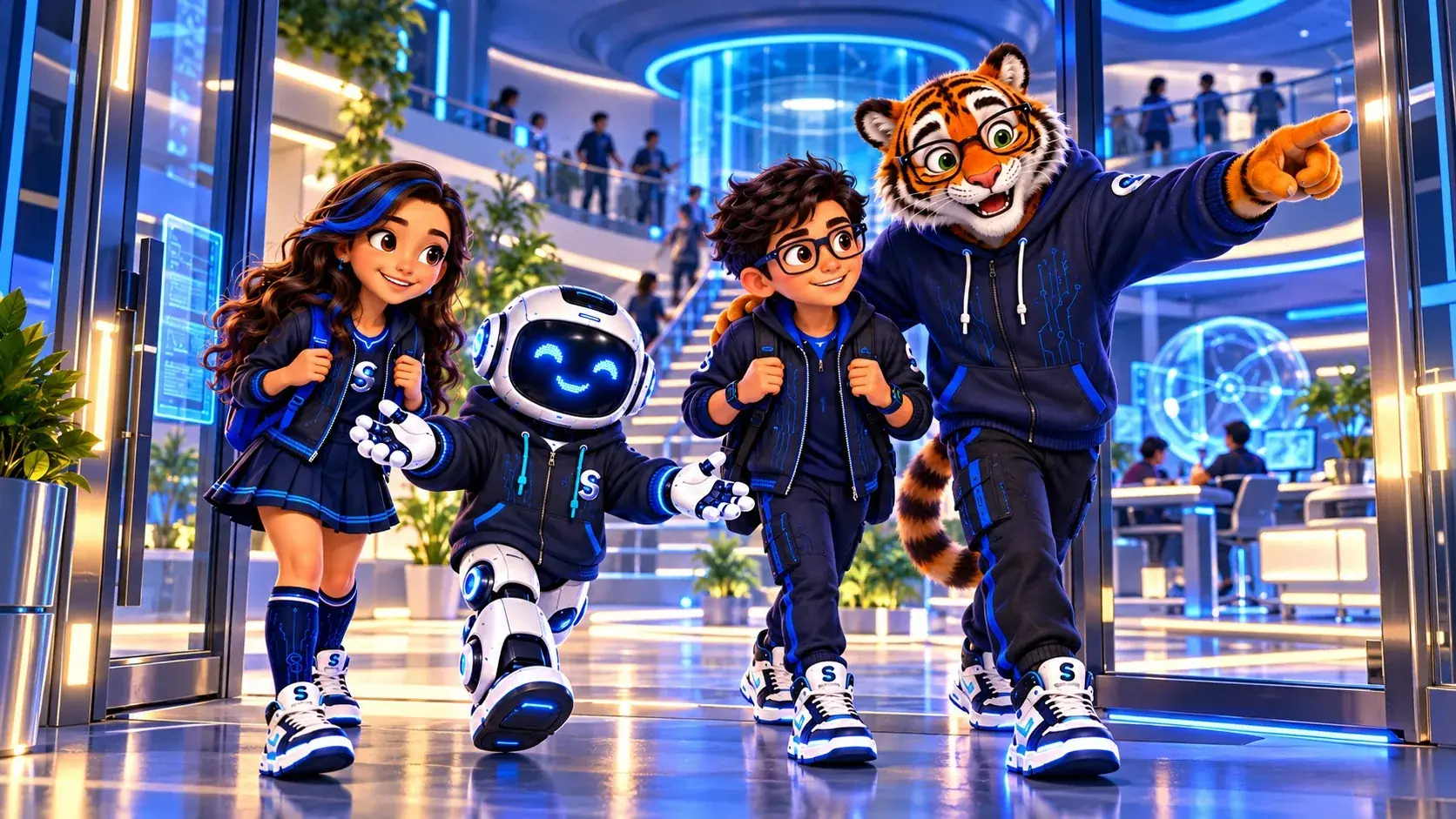 Luna, Hall, Rody e Professor Byte entrando na escola